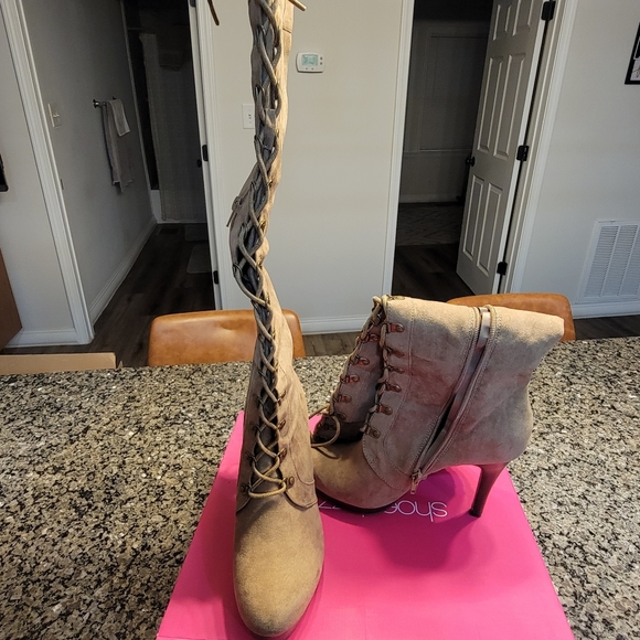 *SOLD* Lace Up Taupe Boots - Picture 2 of 4